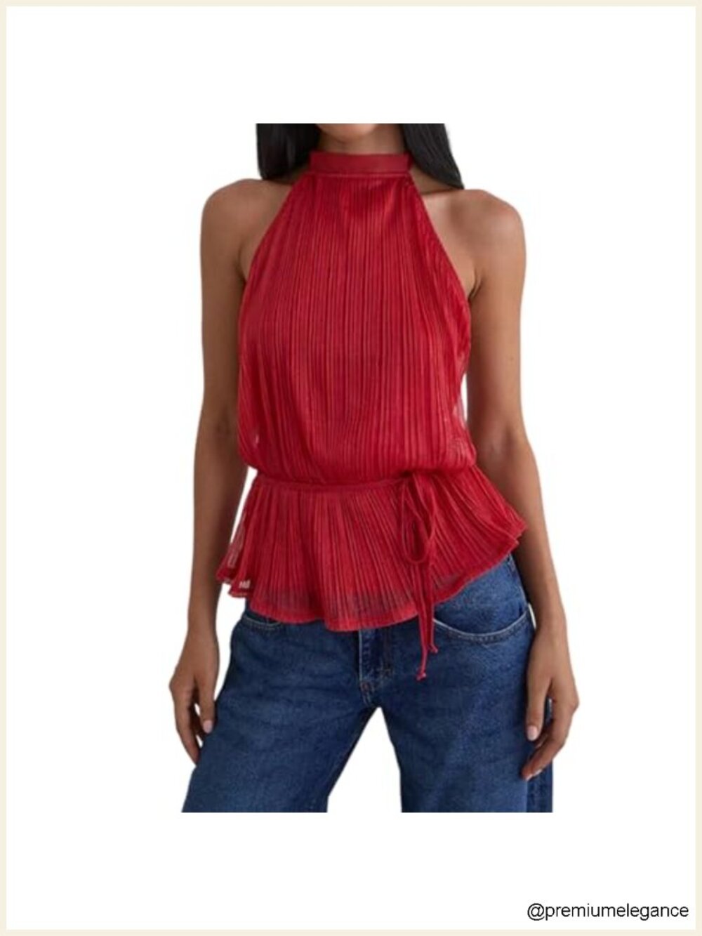 Women's Halter Pleated Tank Top with Drawstring Peplum